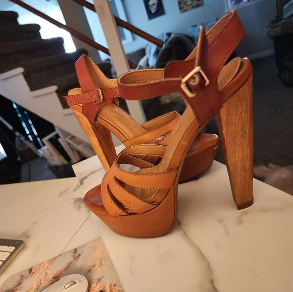 Brown Wooden Heels By Anthropologie Studded Wood-Bottom Platform